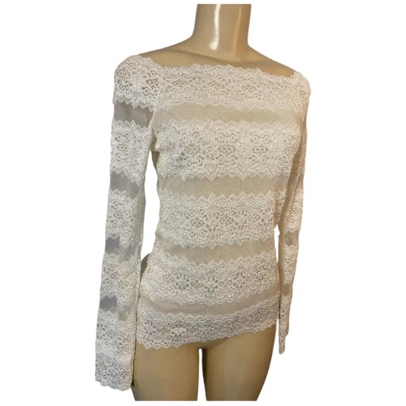 Y2K Coquette Lace Sheer Floral Long Sleeve Off White Top Off the Shoulder S/M - Picture 2 of 9